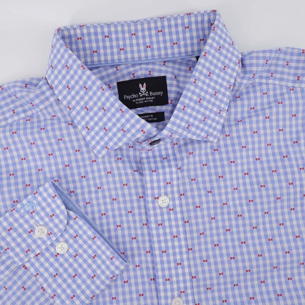 Psycho Bunny Modern Fit Gingham Button Down Blue Long Sleeve Mens 16 34/35